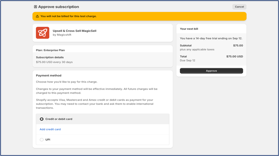 MagicSell subscription approval screen on Shopify