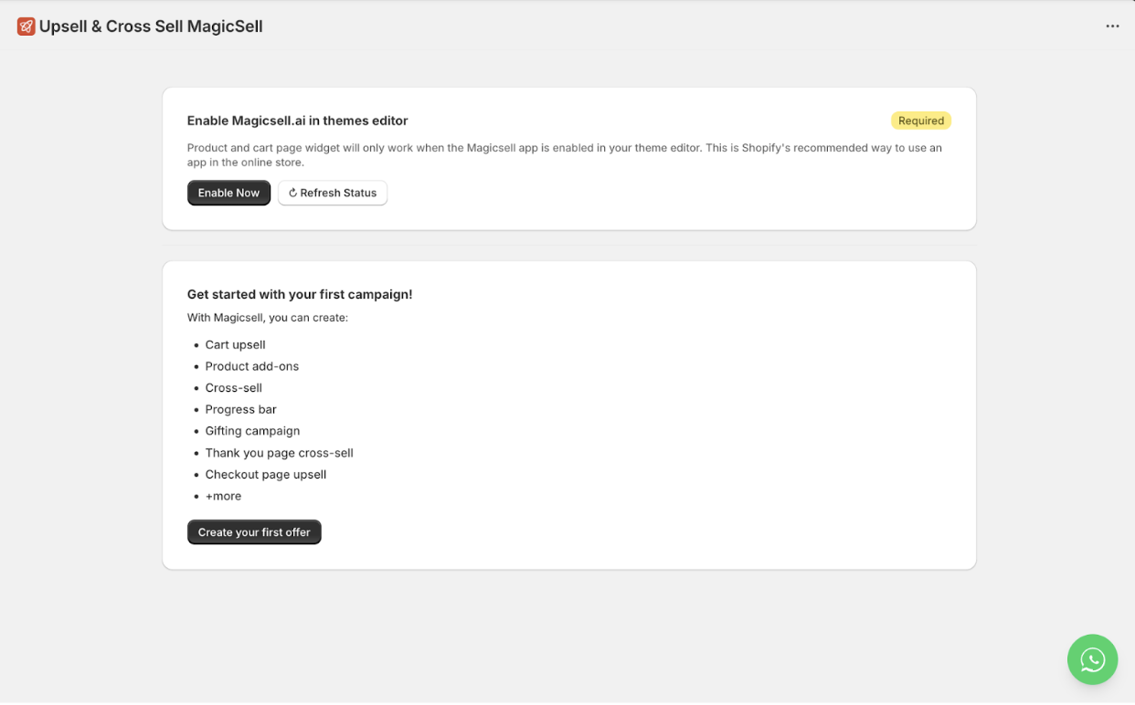 MagicSell app enable screen showing Enable Now button and first campaign options