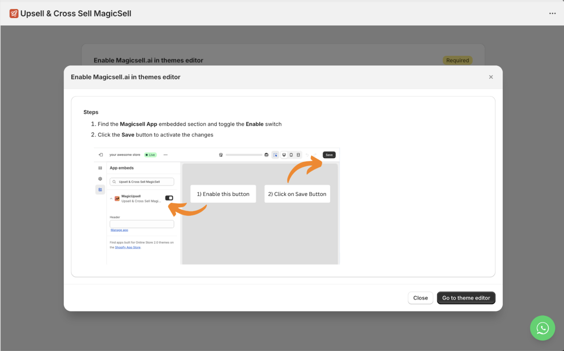 Shopify Theme Editor showing MagicSell app integration with Enable button