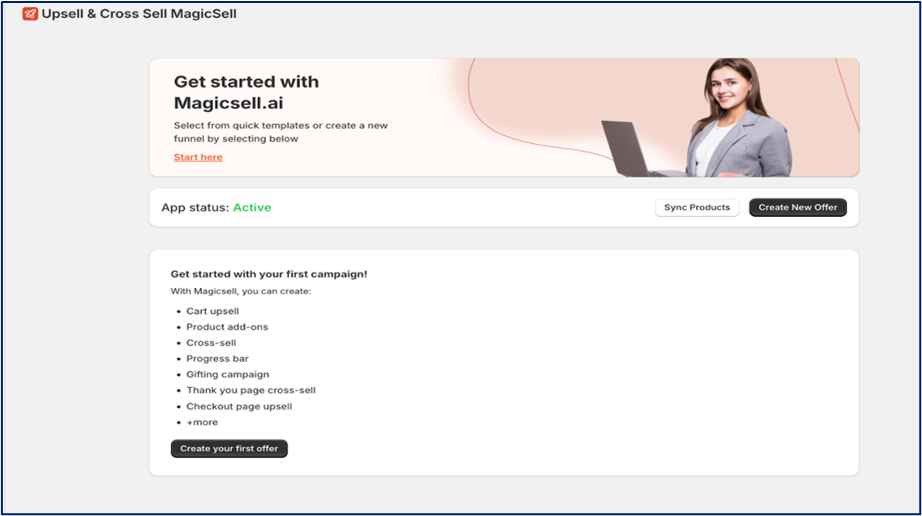 MagicSell app dashboard showing active status and campaign options