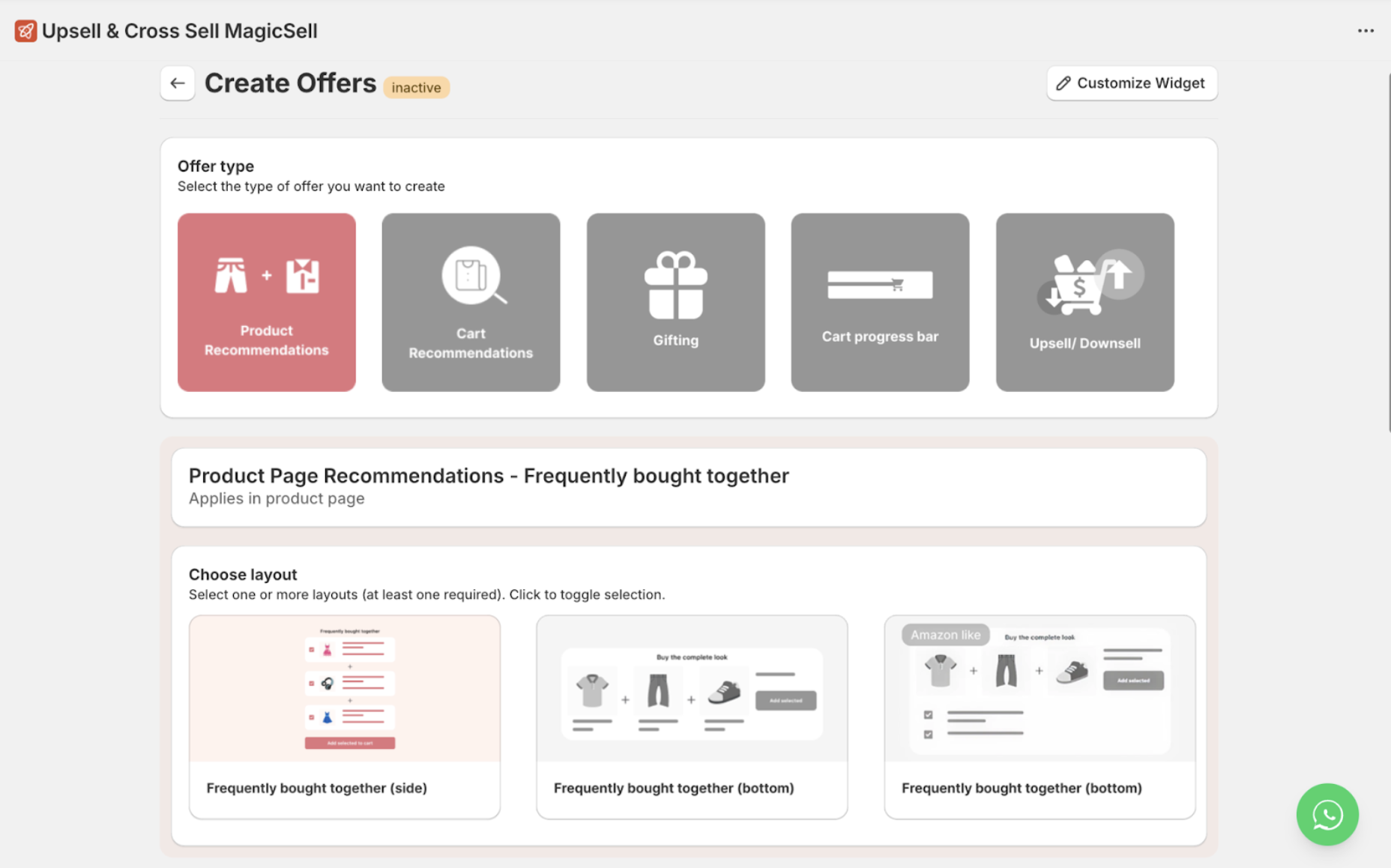 MagicSell create offer interface showing different offer types and layout options