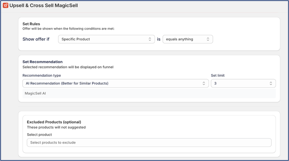 MagicSell offer rules configuration showing placement and recommendation settings
